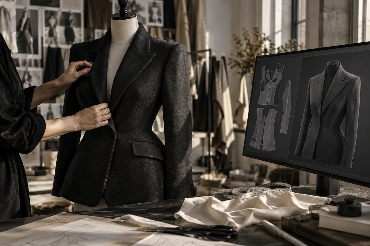 A designer adjusts a charcoal jacket beside its digital garment model in a sunlit atelier