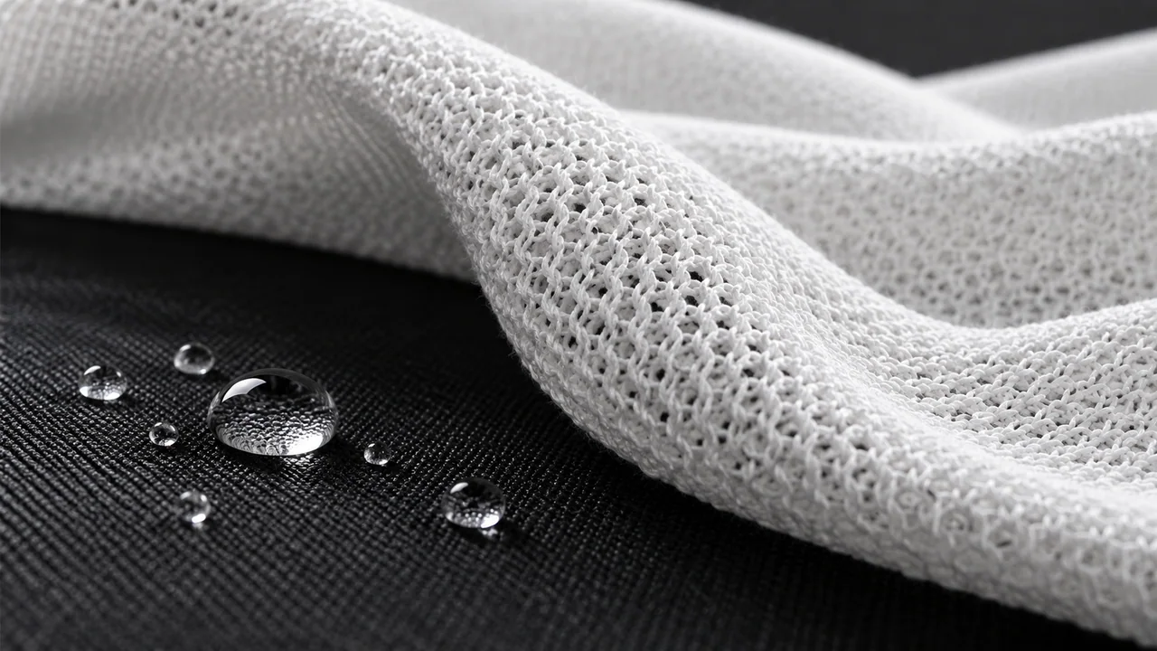 White technical knit folded over dark fabric with clear water droplets