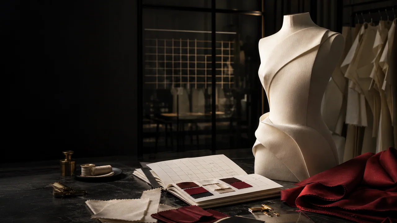 Sculptural ivory dress form and crimson fabric
