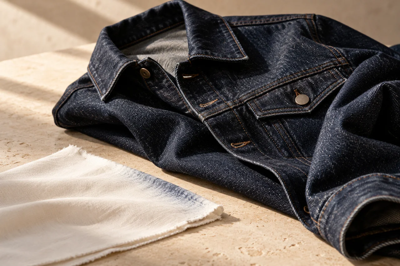 Dark indigo denim jacket with copper-toned stitching beside an ivory cloth with a blue edge.