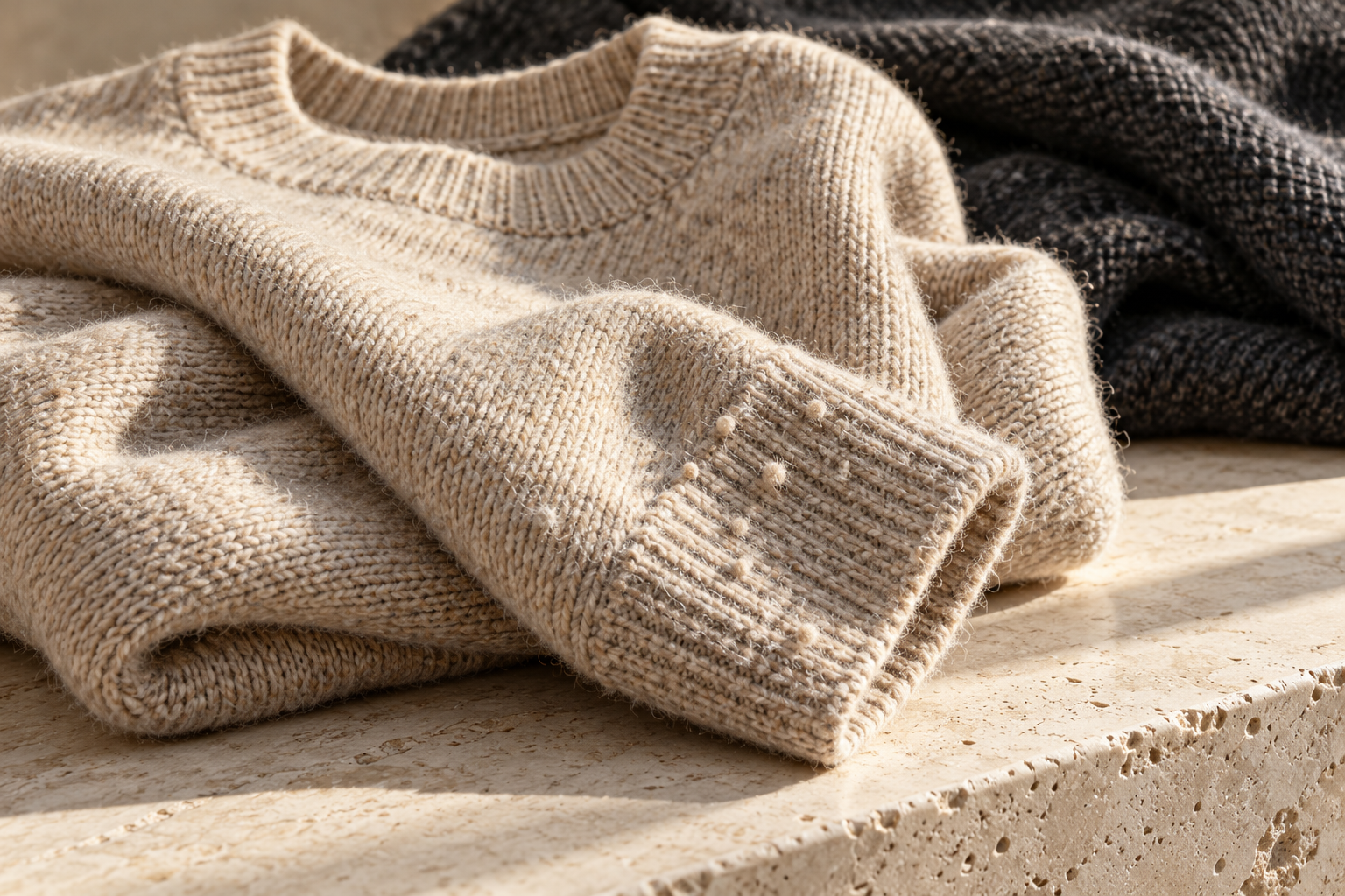 Oatmeal knit sweater with small bobbles on its ribbed cuff, beside a charcoal knit on pale stone.