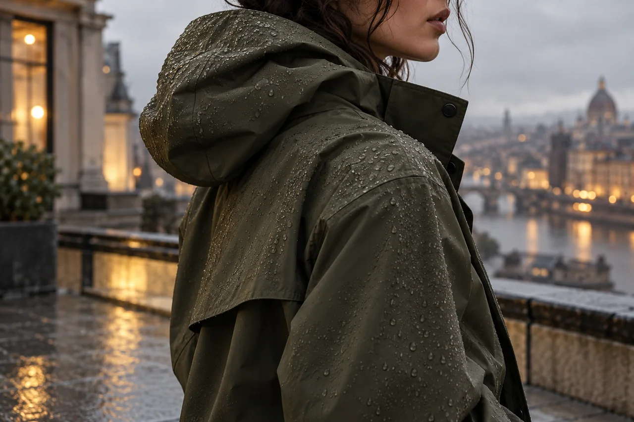 Water droplets on the hood and shoulder of an olive rain shell against a rainy city backdrop.