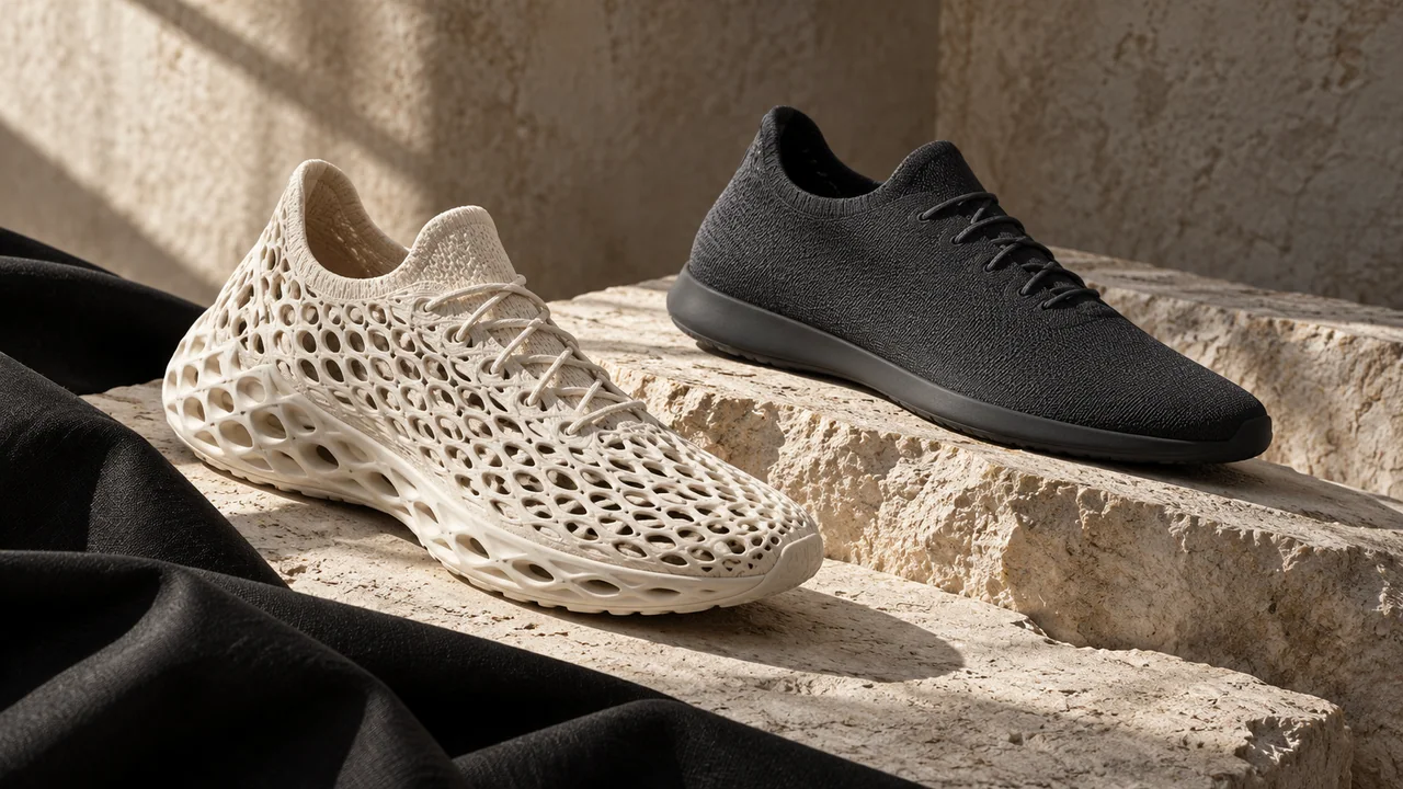 Ivory lattice and charcoal textile concept sneakers on pale stone with black suiting fabric