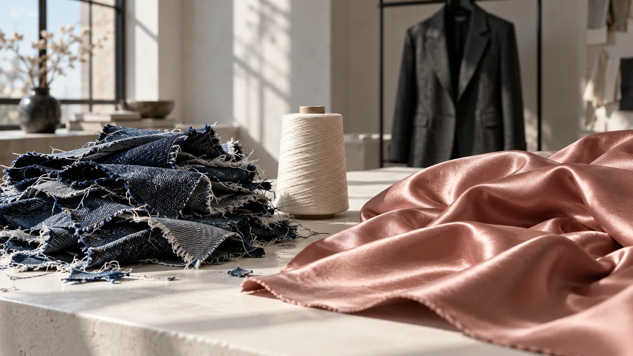 Indigo denim offcuts, an ivory yarn spool and rose satin on an atelier table